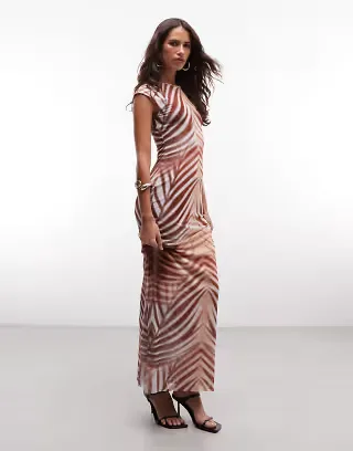 AFRM Mylo mesh round neck cap sleeve maxi dress in brown palm print