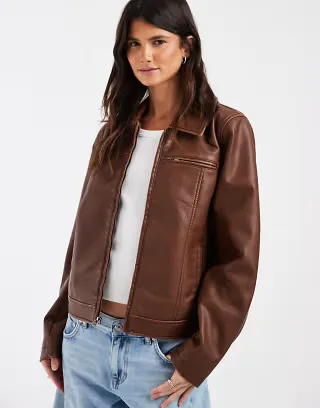 Hollister fitted faux leather jacket in brown