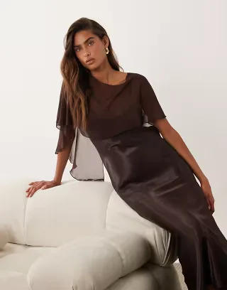 ASOS DESIGN satin cape layer maxi dress in chocolate brown