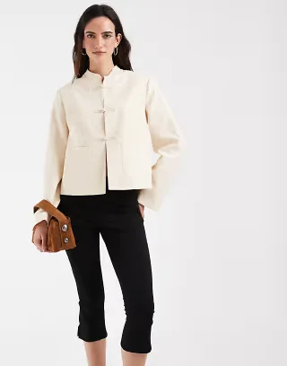 ASOS DESIGN linen blend boxy fit mandarin jacket in cream