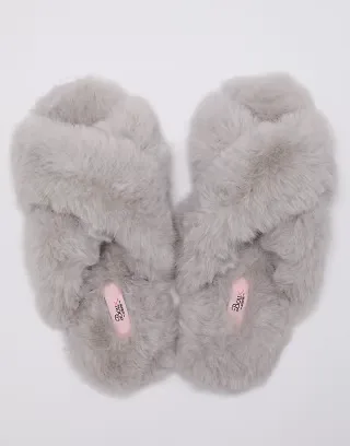 Boux Avenue Cross band slipper slides with open toe soft plush loungewear in gray
