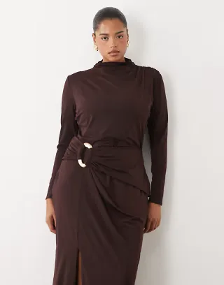 TFNC Plus mesh trim detail high split maxi dress in chocolate