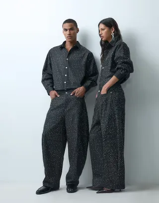 Sister Jane Unisex embellished barrel jean set in charcoal gray