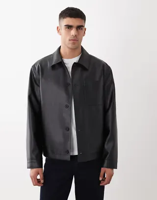 ASOS DESIGN faux leather shacket in black