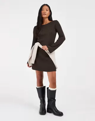 ONLY Petite boatneck knit mini skater dress in brown