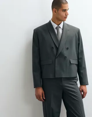 ASOS DESIGN double breasted boxy shawl wrap suit jacket in green herringbone