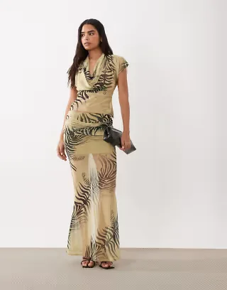 ASOS DESIGN printed mesh leaf maxi skirt set in zebra