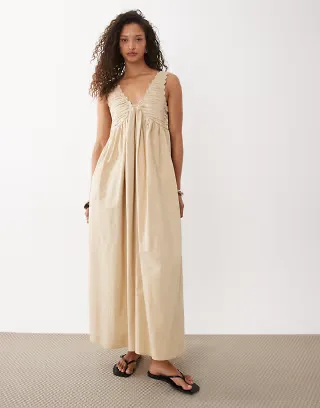 ASOS DESIGN v-neck scallop trim maxi dress with back tie in tea stained beige
