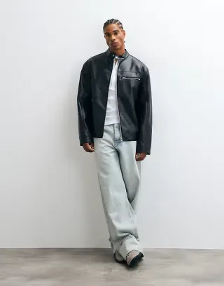 ASOS DESIGN leather look racer jacket in black