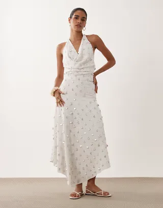 ASOS DESIGN dropped waist embellished midi skirt in white - part of a set