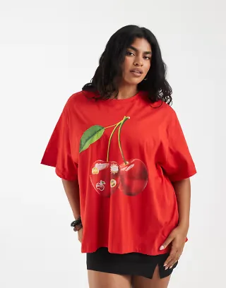 ASOS DESIGN Curve oversized T-shirt with cherry sticker graphic in red