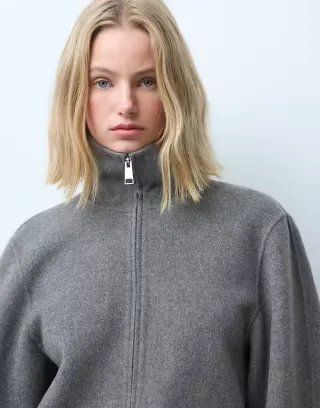 & Other Stories wool rich funnel neck jacket with volume sleeve in light brown