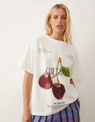 ASOS DESIGN oversized T-shirt with cherry graphic in cream