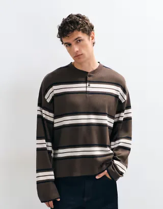 ASOS DESIGN oversized boxy striped long sleeve henley in brown waffle