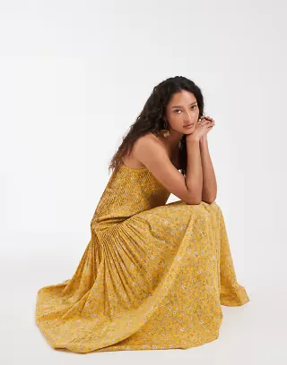 & Other Stories drop waist maxi dress with pleated skirt in yellow print