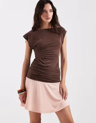 Laagam Fiora slinky contrast mini dress in brown and pink