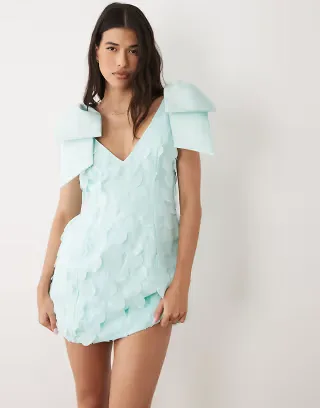 ASOS LUXE bow shoulder disc mini dress in blue