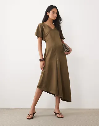 ASOS DESIGN v neck satin midi tea dress in olive