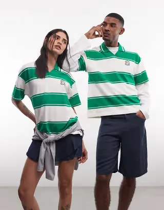 Reebok knit striped polo on off-white and green - Exclusive to ASOS