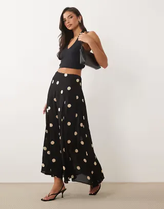 Nobody's Child Selene sheer fluted hem maxi skirt in black polka dot