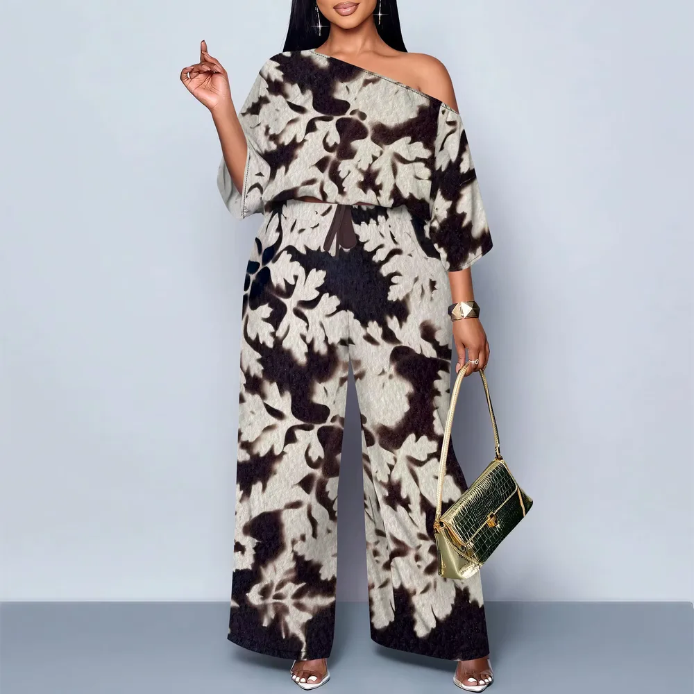 Women's Abstract Leaf Off Shoulder Jumpsuit Wide Leg Summer Loose Casual Party Outfit