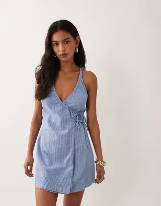 Cotton On isabelle wrap halter mini dress in blue pinstripe