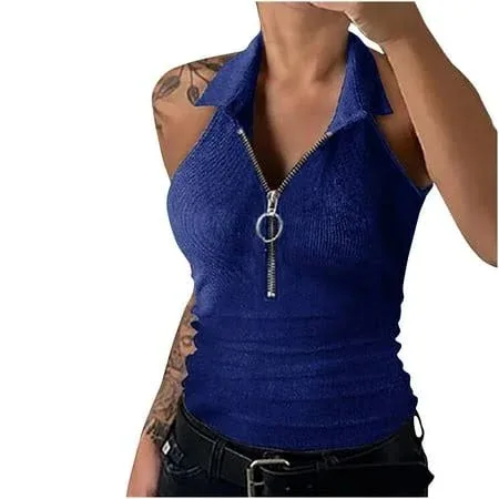 BLVB Women Lapel Collar Zipper Sleeveless Ribbed Knit Tank Top Basic Stretchy Cami Vest Summer Slim Fit T Shirts Clubwea