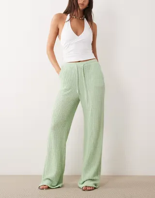 VILA tie waist textured jersey pants in sage green
