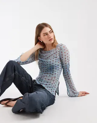 Bronze Snake sheer asymmetric top in blue burgudy polka dot print