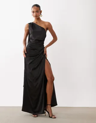 TFNC one shoulder drape back split detail maxi dress in black