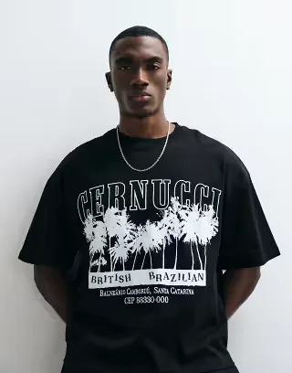 Cernucci 100% cotton boxy oversized fit T-shirt with palm tree and logo front graphic in black