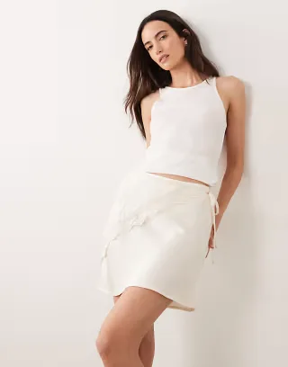 VILA satin mini skirt with detachable waist scarf in cream