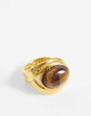 ASOS DESIGN Stainless steel ring with real tigers eye stone set in gold tone