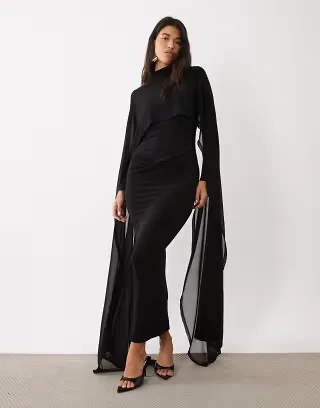 Daska slinky high neck cape detail maxi dress with ruched detail in black
