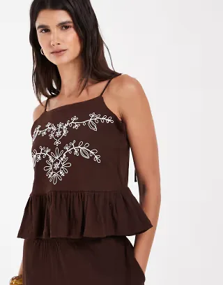 Object crinkle cotton frill hem embroidered cami top in chocolate - part of a set