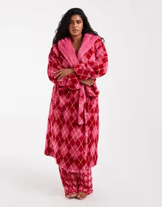 Loungeable Curve cozy hooded midi robe in pink and red argyle check