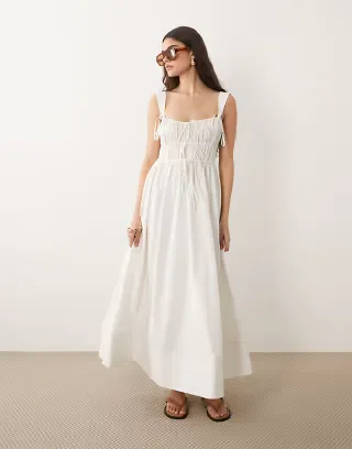ASOS DESIGN ruched bodice maxi sundress with full skirt and multi stitched hem in white
