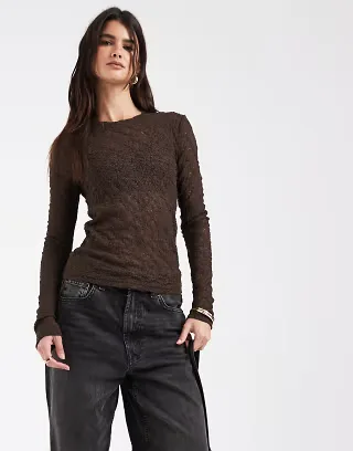 Noisy May long sleeve lace top in chocolate
