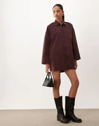 ASOS DESIGN oversized cord shirt mini dress in washed burgundy
