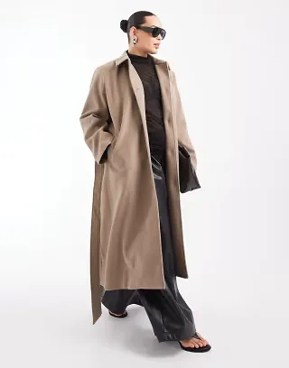 Pieces Curve tie waist long formal wool look coat in beige melange