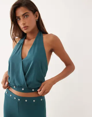 ASOS DESIGN modal balloon 'V' neck cross over top with fitted hem and stud trim in ecru - part of a set