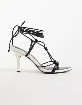 ASOS DESIGN Noodle knotted tie leg heeled sandals in black and white