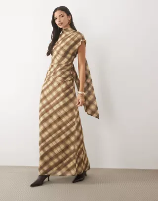 Pretty Lavish chiffon scarf detail cinched waist maxi dress in brown check