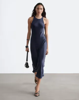 & Other Stories bias cut satin midi dress in midnight blue