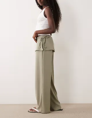 ASOS DESIGN wide leg pants with scarf detail in khaki