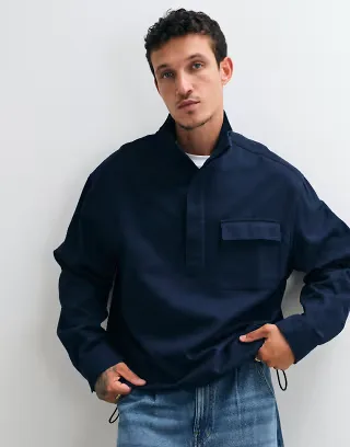 ASOS DESIGN oversized funnel neck cotton twill shirt in navy