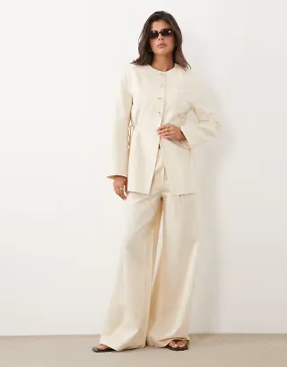ASOS DESIGN linen tie side blazer in cream set