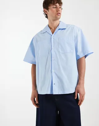 ASOS DESIGN boxy poplin shirt in light blue with revere collar