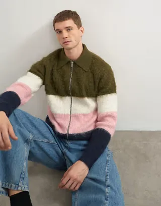 Topman relaxed fit fluffy knitted zip through stripe polo in multi