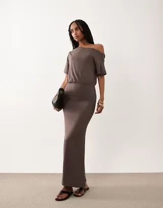 ASOS DESIGN off shoulder blouson midi dress in chocolate
